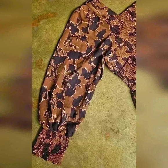 Nine West Smocked Floral Midi Dress Brown Lined Stretch 4 XL Long Sleeve - Picture 6 of 9